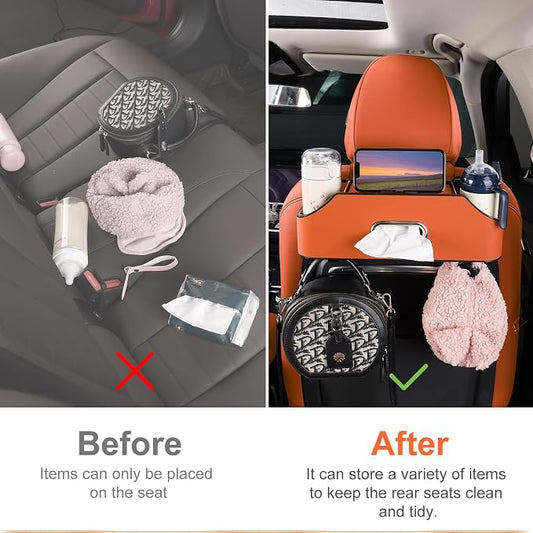 Car Rear Backseat Extra Multifunctional Drink Cup Holder Organizers with Tissue Storage Box Organizer & Hooks for Car Seat Back. Orange