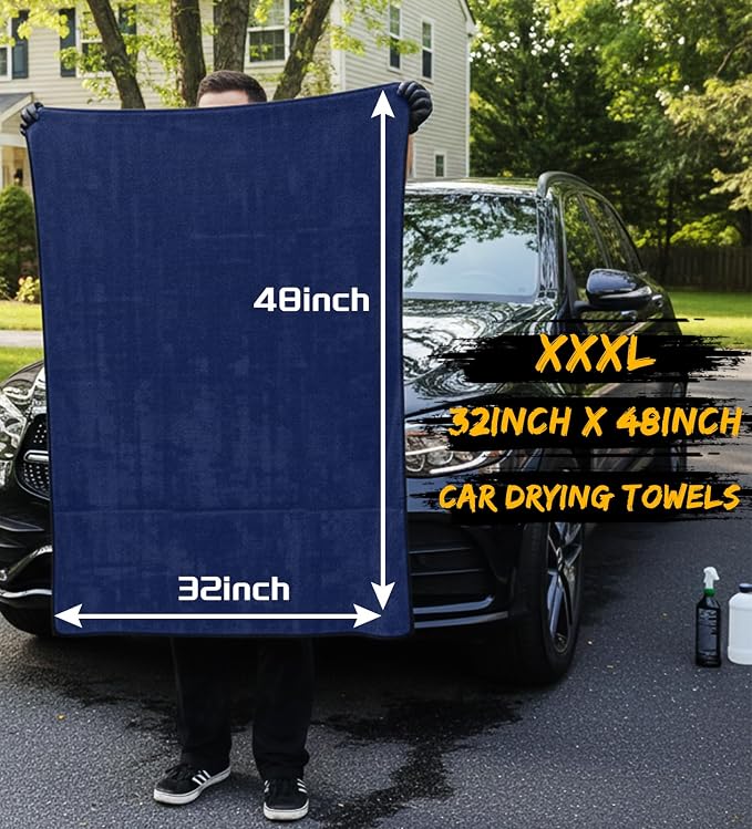 YeewayVeh 2-Pack Long-Reach Pro Car Drying Towels, 48"x32" Extra Large Super Absorbent Towels, High GSM Twisted Loop, Streak-Free Single-Sided Microfiber for Car Detailing, SUV, Truck (Dark Blue)