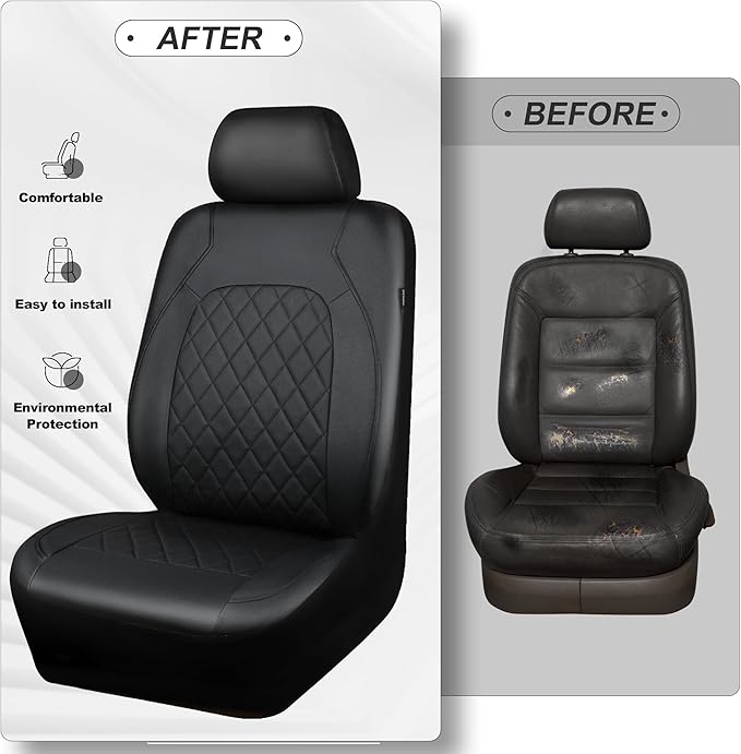Universal Pu Leather Car Seat Covers Front Seats only, Airbag Compatible, Water-Resistant Durable Premium Vinyl, Fit for 95% Vehicles,Cars,Vans,SUV,Sedans (Luxury 2 PCS All Black)