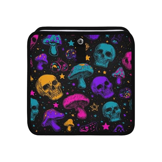 Car Trash Can Organizer Bin with Adjustable Strap for Back Front Seat Console Waterproof Leakproof Collapsible Portable 8.66 Inch Neon-colored Skulls Stars Mushrooms