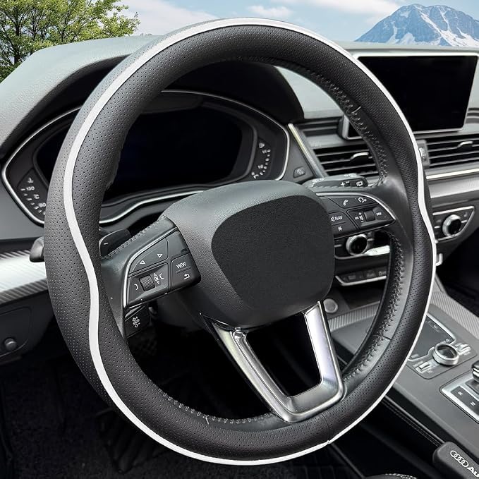 HAOTULE Leather Steering Wheel Cover, with Anti-Slip Stripe Design - Enhanced Grip, Fashion Style, Safe, Non-Slip, Breathable. Upgrade car Interior,Black White