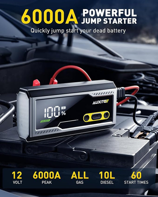 AUXITO 6000A Jump Starter, 12V Car Battery Jump Starter, Up to All Gas & 12L Diesel Engine with LED Display, Portable Jump Box with 3 Modes Flashlight and Jumper Cable, Storage Case