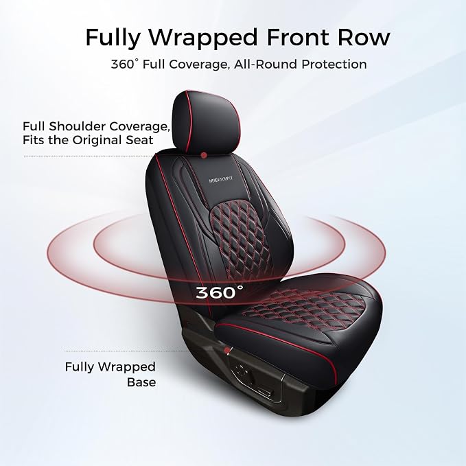 Huidasource Dodge Ram Seat Covers, Front & Rear Pickup Truck Leather Seat Cover Fit for 2009-2018 1500, 2010-2025 2500/3500 Crew Mega Cab, 2019-2025 ram 1500 Classic only(Full Set/Black&Red)