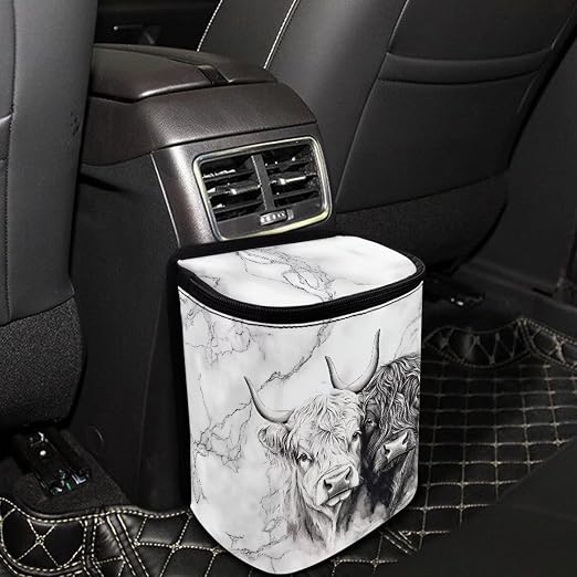 Talayituse Highland Cattle Marble Print Car Trash Bin, Large Size Auto Trash Can Adjustable Portable Garbage Can with Lid, Vehicle Hanging Bag for Headrest Front Back Seat