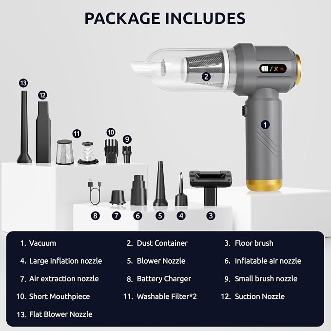 Handheld Vacuum Cordless Vacuum Cleaner with 9 Extensions, 18000Pa Brushless Suction & Air Blower (2-in-1), 7800mAH Battery, Steel+HEPA Filter, Car Vacuum, Dust Buster for Interior, Home & Pet Hair