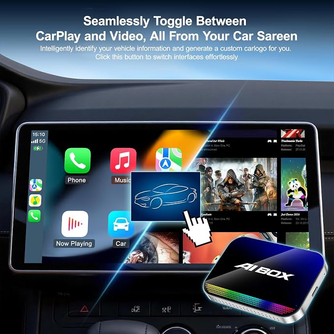 Magic AI Box, Wireless CarPlay Android Auto Adapter with Net-Flix YouTube TikTok, Built-in Play Store and Screen Mirroring, Plug and Play Video Adapter for OEM Factory Wired CarPlay Vehicles