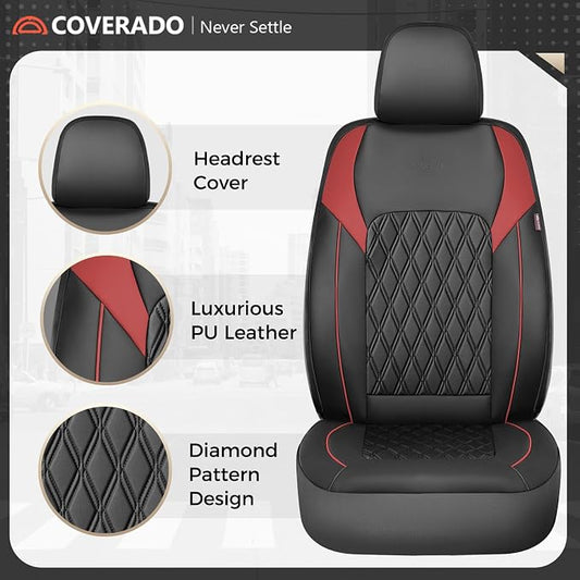 Coverado Car Seat Covers Full Set, Leather Seat Covers, Automotive Seat Covers for Cars, Car Seat Covers Front Seats Back, Car Seat Protector Car Seat Cushion Universal Fit Most Cars Trucks, Black&Red