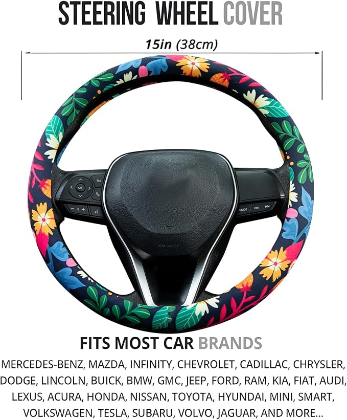Strawberry Colorful Floral Steering Wheel Cover Auto Steering Wheel Protector, Anti-Slip, Breathable, Absorbing Sweat, Universal Floral Car Accessories 14.5–15 inch