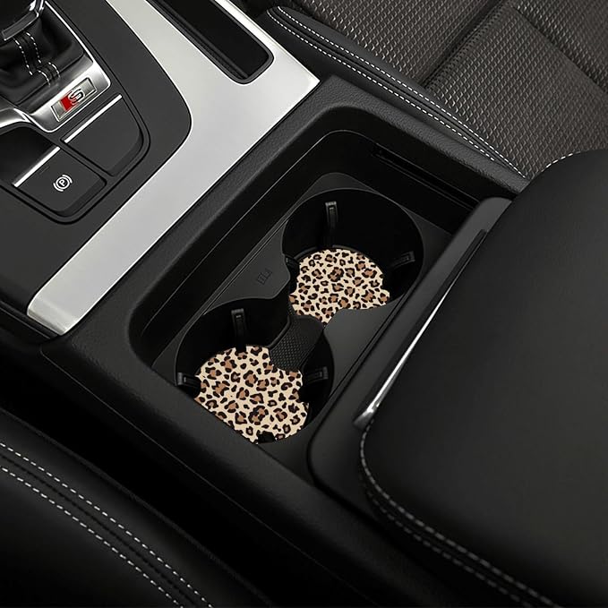 Leopard Cheetah Print Steering Wheel Cover 15 Inch + 2pc car Coasters | Universal Anti-Slip Breathable Animal Print Matching Set for Men Women