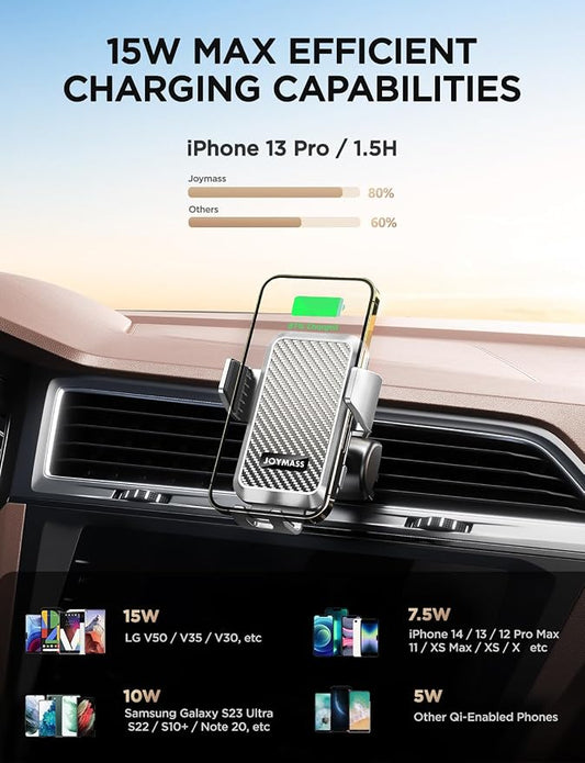 JOYMASS Wireless Car Charger, 15W Fast Charging Auto Clamping Car Charger Cell Phone Holder Mount Vent for iPhone 15 14 13 12 Mini Pro Max, Samsung Galaxy S24 Ultra S23 S22 S21+ Note 20, etc - Silver