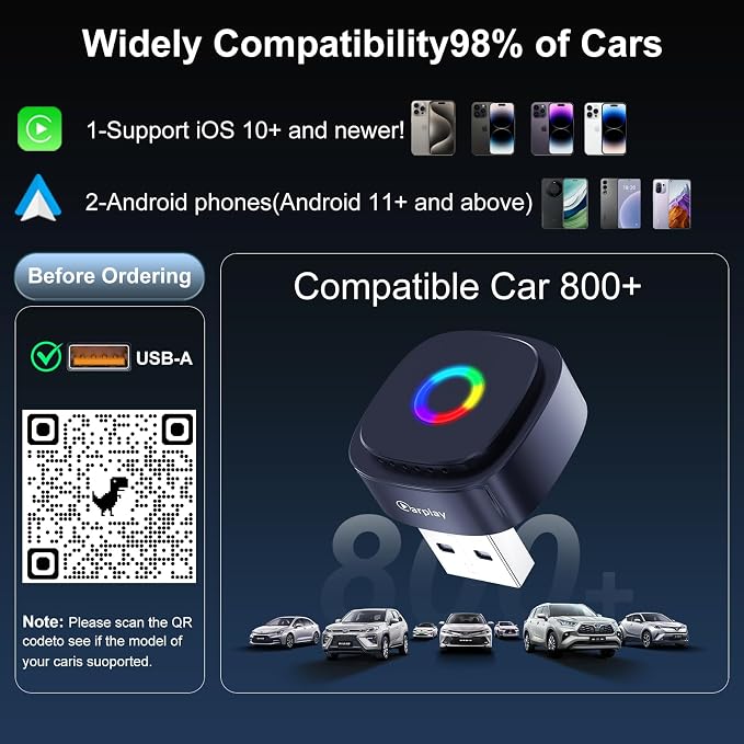 2-in-1 Wireless CarPlay Adapter for Apple iPhone & Android, Adapter Convert Wired to Wireless CarPlay, Mini USB Car Play Adapter with Type-C Extension, Plug and Play, Stable Connection & No Latency