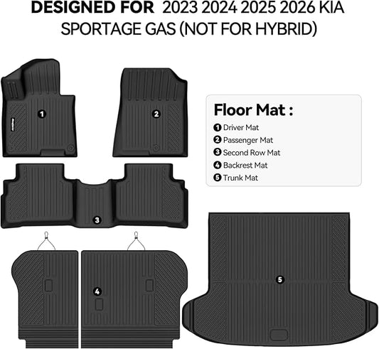 Floor Mats for 2023 2024 2025 Kia Sportage Gas (Not Hybrid), Trunk Mat and Backrest Mat All Weather TPE Protector for Kia Sportage Accessories Floor Liner