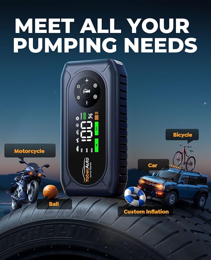 YaberAuto 5000A Car Battery Jump Starter with Air Compressor & Gloves, Car Jumper Starter Portable with 150PSI Tire Inflator, 12V Jump Box (9L Gas/8L Diesel) Jumper Cables, 18W Fast Charge 800LM Light