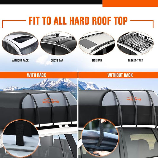 21 Cubic Feet Rooftop Cargo Carrier Bag, 840D Waterproof Car Roof Bag for Cars with/Without Racks, Heavy Duty Roof Top Cargo Bag with Anti-Slip Mat, 6 Door Hooks, Storage Bag & Lock