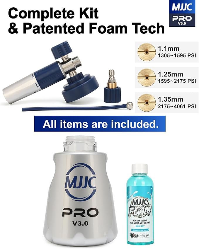 MJJC PRO V3.0 Ultimate Foam Cannon for Pressure Washers – Professional Car Wash Accessory Kit with Thick Foam, Stainless Steel, 44 fl oz Bottle (Pro V3.0 (1/4" Quick Connector) + SOAP Sample)