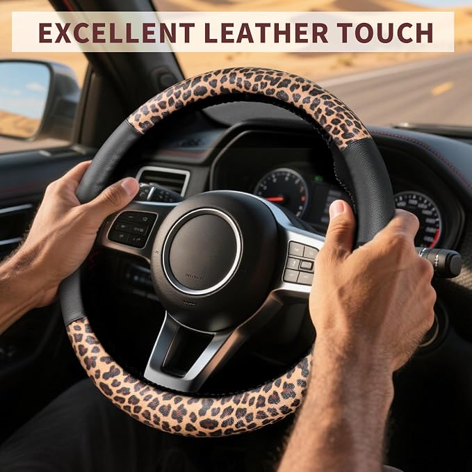 Leopard Steering Wheel Cover Leather 14.5-15 Inch, Bling Rhinestones, Anti-Slip Design, Universal Fit for Cars, SUVs, Cute Decoration for Women