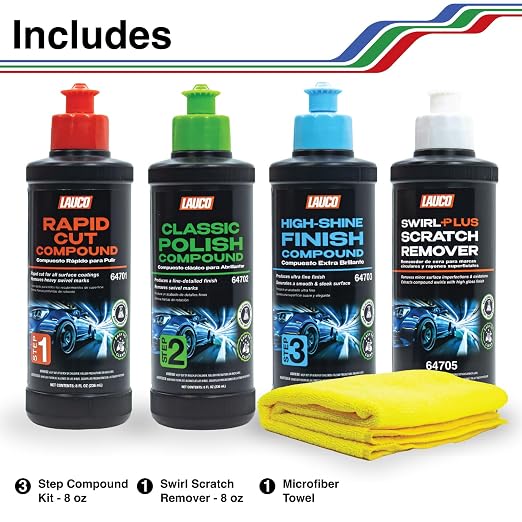 LAUCO Paint Correction Compounds Step 1, 2, 3, Swirl Remover 8oz Kits, with a Towel, Silicone-Free, Clear Coat Safe Scratch Remover, Swirl Correction & High Gloss Finishing