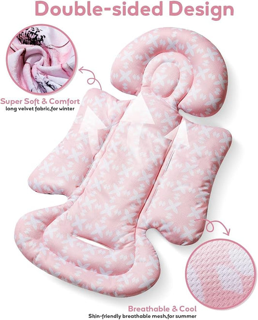 BOMOLOUR Infant Car Seat Insert, Enlarged Head Support for Baby Carseat, Reversible Newborn Insert with 3 Strap Covers, 2-in-1 Baby Car Seat Cushion for Stroller, Swing, Bouncer, Rocker - Pink Floral