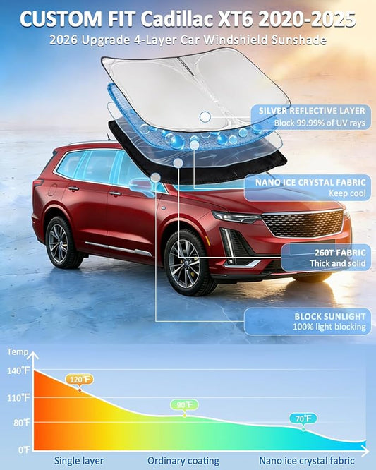 Windshield Sunshade for Cadillac XT6 2020-2025 Car Sun Windshield Upgrade 4 Layers Custom Fit XT6 Car Window Shade Front Windshield Sun Visor Blocks UV Rays Keep Cool Car Accessories
