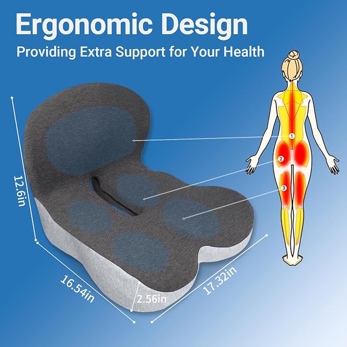 Memory Foam Seat Cushion,Office Chair Cushion with Lumbar Support for Back Pressure Relief, Car Seat Cushion with Adjustable Strap,Sciatica Pad Cushions for Car,Truck, Desk (Black+Grey)
