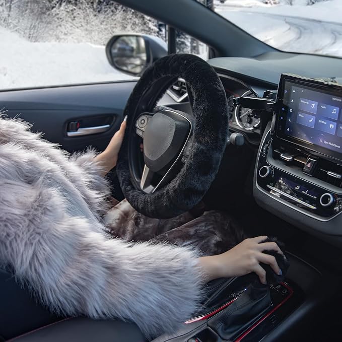 SEG Direct Furry Car Steering Wheel Cover with Fluffy Gear Shift Cover Soft Warm Non-Slip Car Decoration for Men Women Girls 2 PCS Set, Black