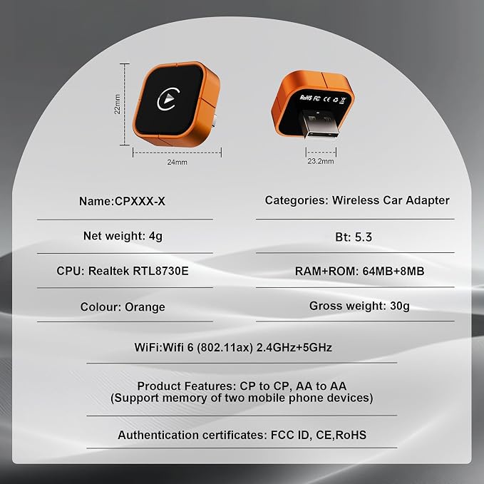 Keenso Wireless Car Play Adapter, Converts Wired Car Play Android Auto to Wireless with Auto Switch Function for iOS 10 Android 11 Systems
