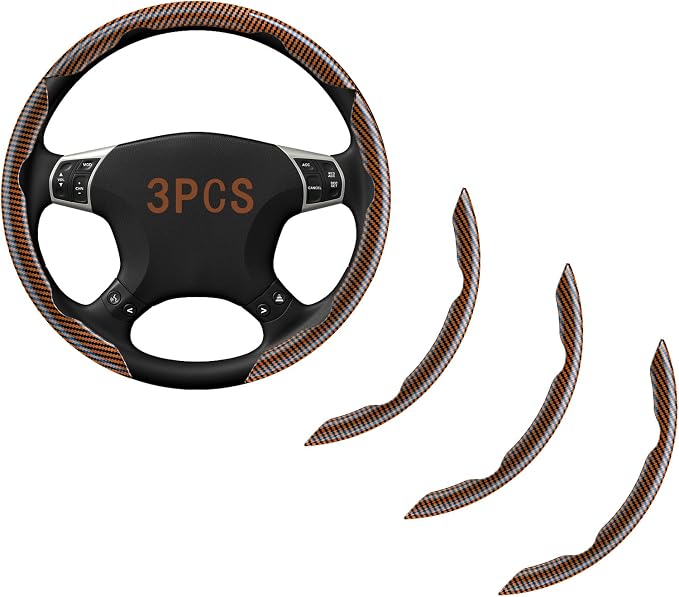 Steering Wheel Covers, 3PCs Carbon Fiber Anti-Skid Clip on Car Steering Wheel Cover Protector Universal for Most Car Wheel (Brown)