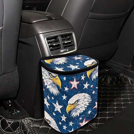 Talayituse Eagle American Flag Print Car Trash Bin, Large Size Auto Trash Can Adjustable Portable Garbage Can with Lid, Vehicle Hanging Bag for Headrest Front Back Seat 4th of July Decor