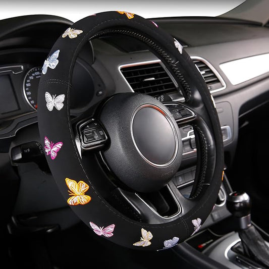 Embroidery Cute Steering Wheel Cover Stitched Butterfly Girly,Sweat Absorption,Universal 15 inch