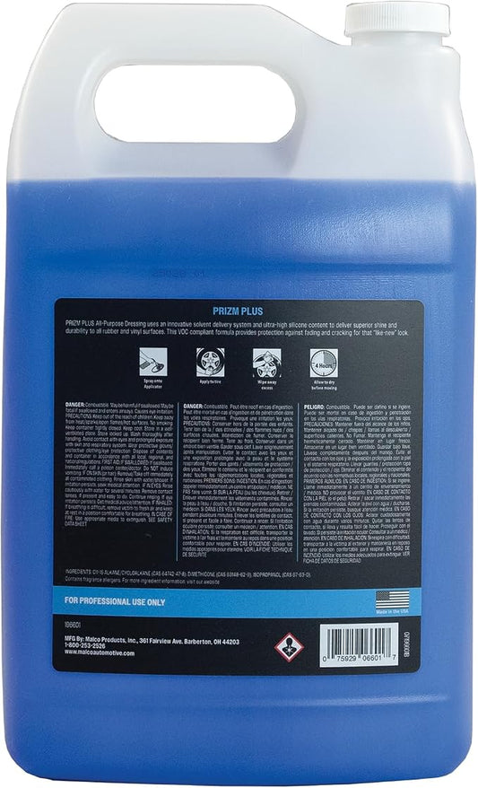 Malco Prizm Plus All-Purpose Dressing – Ultra High Silicone Formula Gives Superior Shine and Durability to Interior Rubber and Vinyl Surfaces/Protects Against Fading and Cracking/1 Gallon (196601)