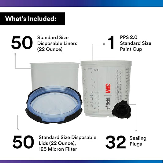 3M PPS 2.0 Spray Gun Cup, Lids and Liners Kit, 26301, Standard, 22 Ounces, 125-Micron Filter, Use for Cars, Furniture, House and More, 1 Paint Cup, 50 Disposable Lids and Liners, 32 Sealing Plugs