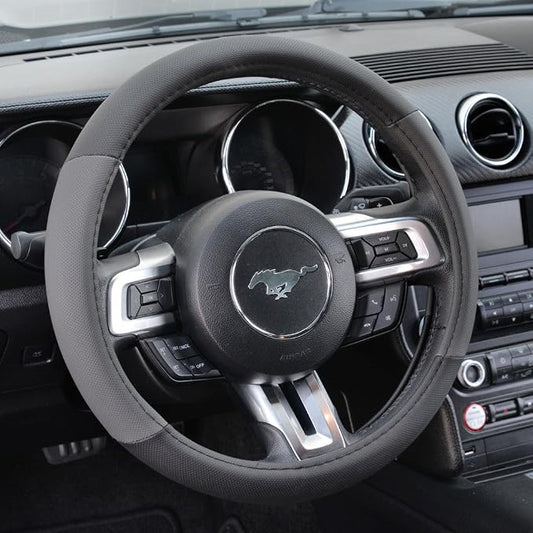 BDK Sporty Two Tone Ergonomic Grip Steering Wheel Cover - Plush Leather Grip for Standard Size Wheels 14.5-15 inch Gray/Black