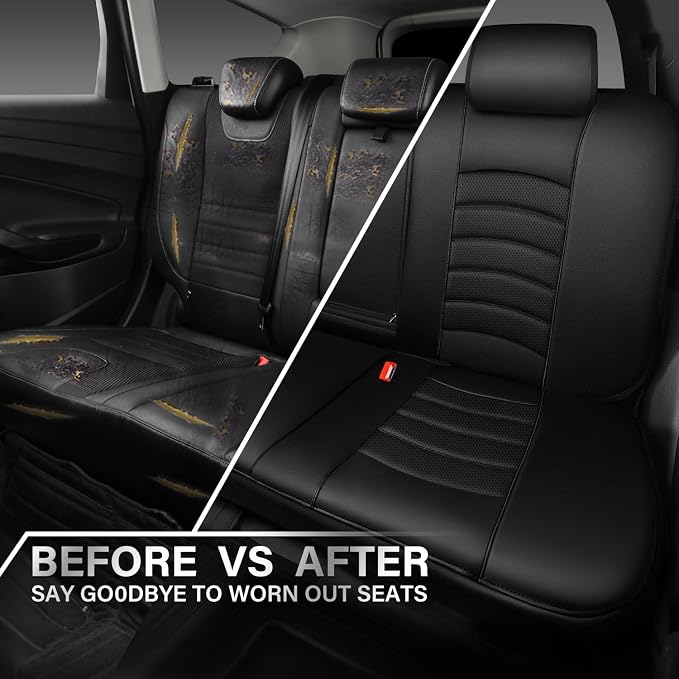 CAR PASS Leather Back Seat Cover, Universal Waterproof Bench Rear Seat Cover Zipper Split Rear Bench Protector Fit 95% Automotive Interior Covers for Cars Sedans SUVs (Rear,All Black)