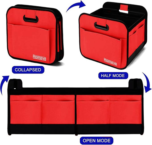 Homeve Car Trunk Organizer for SUV, 18.5Gal Large Capacity No-Sag Heavy Duty, Foldable Waterproof Anti-Slip Storage with 12 Pockets, Fit Sedan, Truck, Universal Car Accessories, Red, 2 Compart, Large