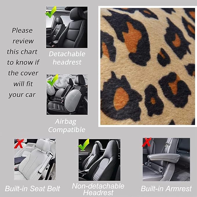 AUTOFAN Leopard Car Seat Covers Full Set with Steering Wheel Cover 2 Seat Belt Pads, Cheetah Print Seat Covers for Cars for Women,Airbag Compatible,Universal Fits for Cars,SUV,Truck