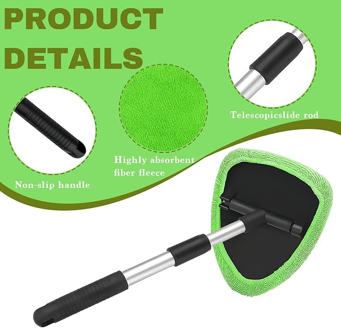 Car Window Cleaner, Car Cleanser Brush, Car Accessories Car Cleaning Supplies Tools, Car Cleaning Kit with Extendable Handle, Microfiber Cloth, Spray Bottle, Fits All Cars (Green)