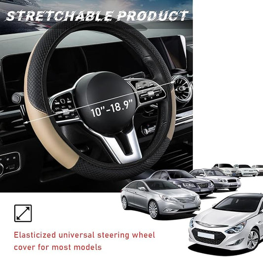 povtii Car Steering Wheel Cover, 15 Inch Leather Breathable Auto Steering Wheel Protector, Comfortable Non-Slip Vehicle Steering Wheel Covers, Universal Interior Car Accessories (Beige, AD)