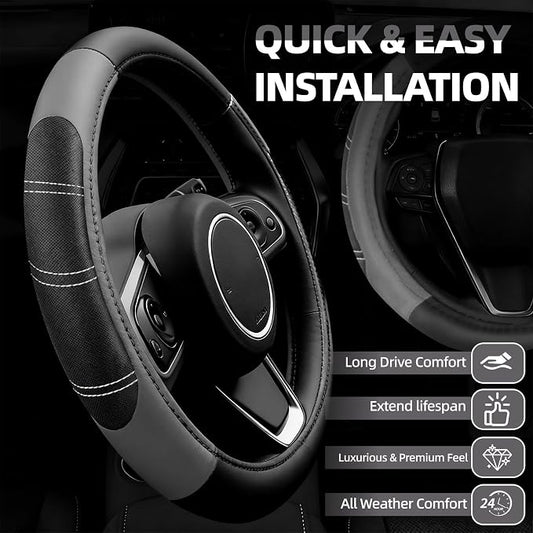 NBTEPEM 6 Pcs Grey Car Accessories Set, Sport Leather Steering Wheel Cover 14.5-15inch Universal, Microfiber Leather Car Center Console Cover, Seat Belt Cushion, Cup Holder Coaster (Black-Grey)
