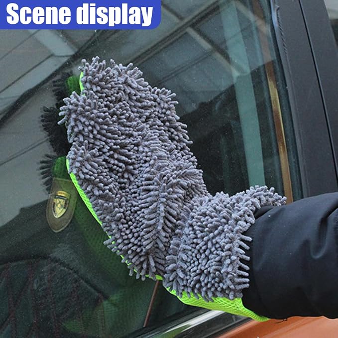 2PCS Car Wash Mitts, Double Sided Chenille Microfiber Dusting Gloves with 5-Finger Design, Anti-Scratch Auto Interior Exterior Detailing Mitt for Cleaning Wheel Tight Spot (Grey)