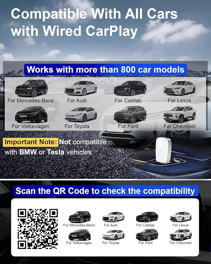 Wireless CarPlay Adapter for Apple iPhone, Convert Wired CarPlay to Wireless, Mini Size with USB-A to USB-C Adapter, Stable Control & No Delay Latency, White