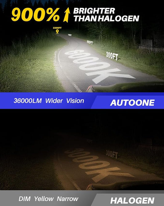 AUTOONE 9007/HB5 LED Light Bulbs 900% Brightness, 6000K Pure White Fog Light, 1:1 Halogen Size Wireless, Easy Installation, IP68, Pack of 2