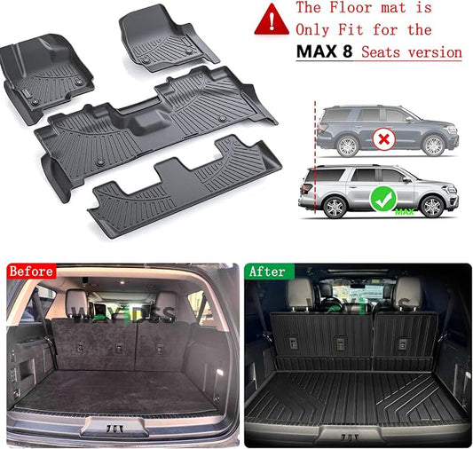 Floor Mats for Ford Expedition MAX 2018-2023 2024 (Only Fit Max 8 Seats / 2nd Row Bench Seat) with Cargo Liners,TPE All Weather Protection Floor Liners with Trunk Mat Covering The Backrest