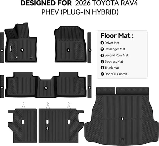 Floor Mats for 2026 Toyota RAV4 PHEV (Plug-in Hybrid), Trunk Mat and Backrest Mat & Door Sill Guard All Weather TPE Protector for Toyota RAV4 PHEV Accessories