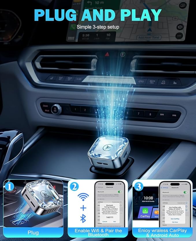 2 in 1 Wireless CarPlay and Android Auto Adapter for Vauxhall Crossland‑x 2017 2018 2019 2020 2021 2022 2023 2024, Mini CarPlay Dongle Converts Wired to Wireless, Fast Auto-Connect