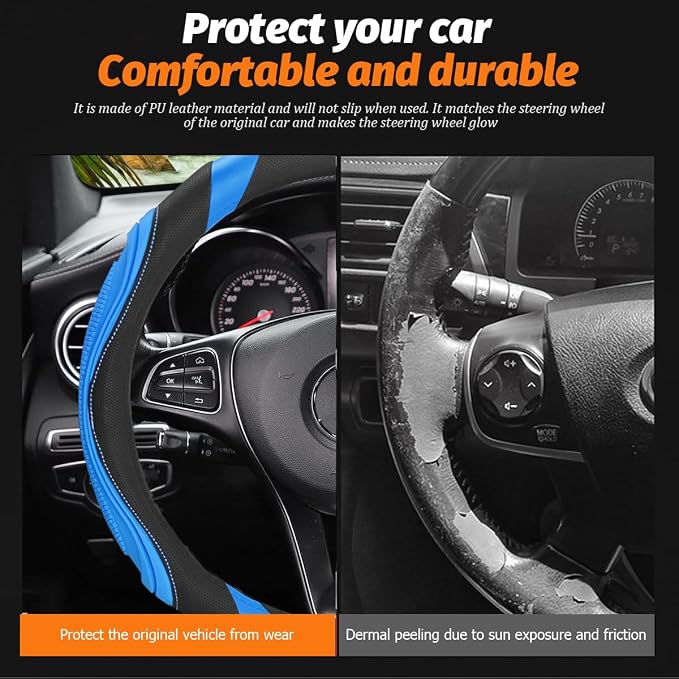 Osilly 15 Inch Car Leather Steering Wheel Cover, Automotive Accessories Elastic Breathable Anti-Slip Soft Wheel Protector Fits Men and Women, Suitable for SUVs, Trucks, Vehicles and RVs (Light Blue)