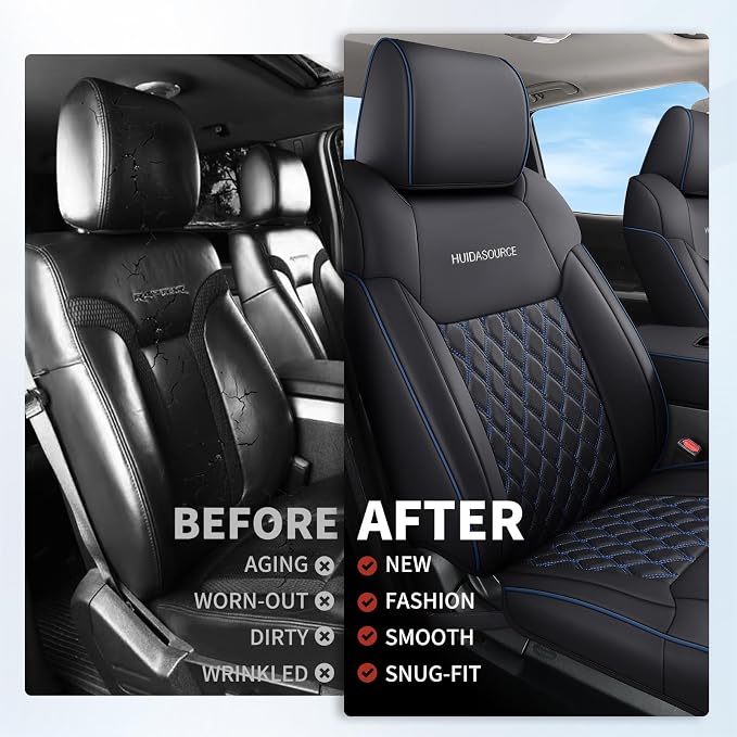 Huidasource Dodge Ram Seat Covers Full Set, Full Coverage Waterproof Leather Pickup Truck Seat Cushion Protector Fit for 2009-2018 1500, 2010-2025 2500/3500 Crew Mega Cab(Full Set/Black&Blue)