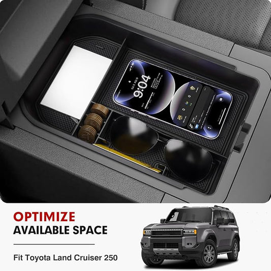 Autorder Center Console Organizer for 2024 2025 2026 Toyota Land Cruiser 250 Prado J250 LC250 Accessories Armrest Storage Box Secondary Insert Tray with Black & Red Silicone Mats(Not for Cool Box)