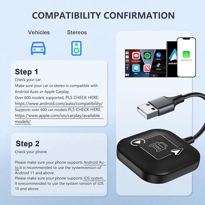 Wireless CarPlay & Android Auto Car Adapter 2 in 1 for Wired Cars - Faster Connection, Plug & Play - Fit for Apple iPhone iOS 10+ Android