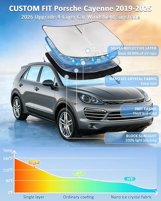for Porsche Cayenne 2019-2024 2025 Windshield Sun Shade - 4 Layers Car Sunshades for Front Windows Shade Cover Custom Fit Cayenne Sun Visor 250T Retractable Shade Blocks UV Rays Car Accessories