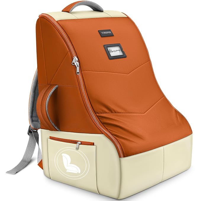 YOREPEK Carseat Travel Bag for Airplane, Large Carseat Bag Compatible with Chicco, Britax, Nuna Rava, Heavy Duty Car Seat Carrier for Airport, Padded Car Seat Backpack, Orange